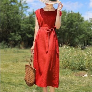 NWOT Red linen square neck short sleeve dress